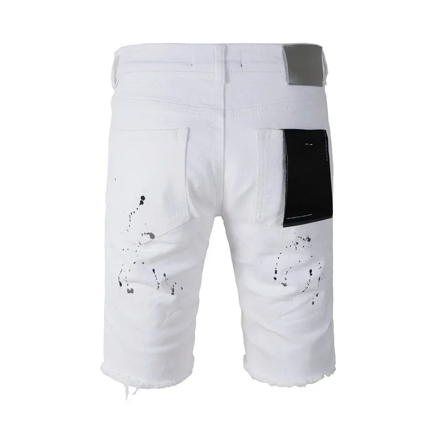 Top quality New Purples Jeans Men Trendy Elastic Edged Middle brands Pants Irregular white Color Washed Denim Shorts pants