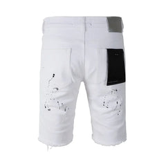 Top quality New Purples Jeans Men Trendy Elastic Edged Middle brands Pants Irregular white Color Washed Denim Shorts pants
