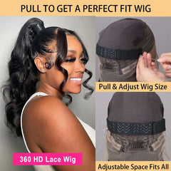 Hidden Strap Body Wave 360 HD Full Lace Front Wigs Human Hair Pre Plucked 12A Glueless Brazilian Virgin Wig With Drawstring