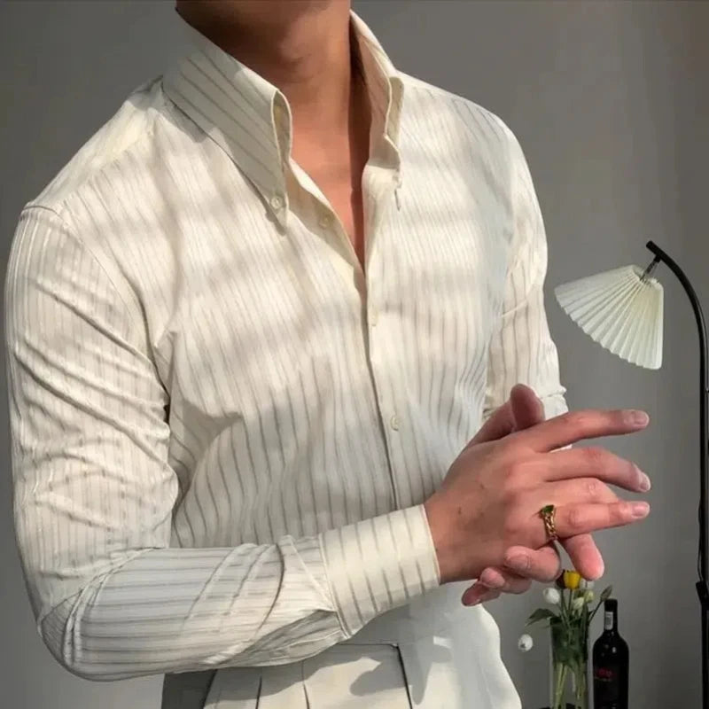 Business Square Collar Stripe Retro 2024 Autumn Men's Splicing Button Fashion  Versatile Casual Long  sleeved