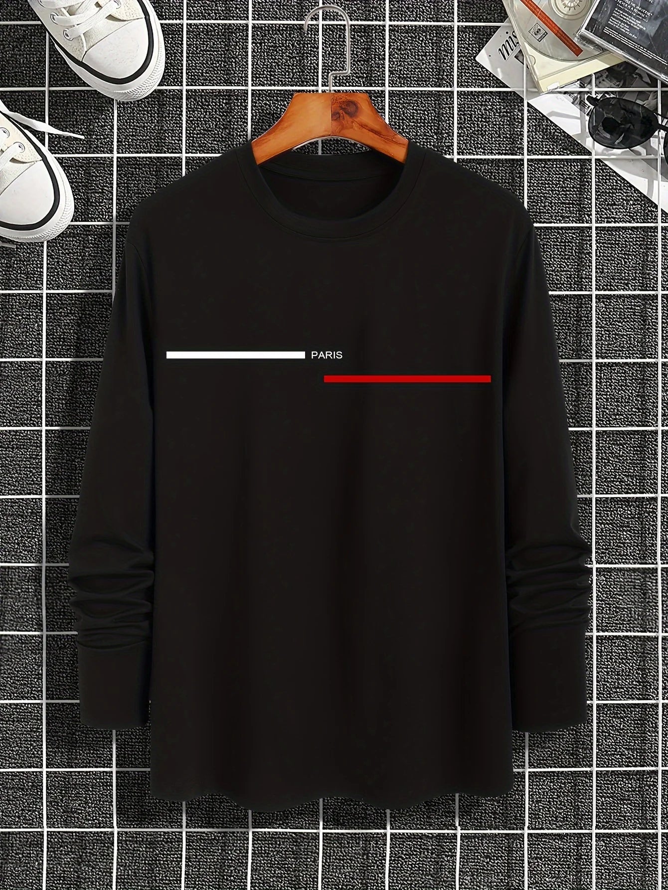 Men's 100% pure cotton loose fit plus size comfortable casual sports Paris letter printed round neck long sleeved T-shirt top