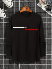 Men's 100% pure cotton loose fit plus size comfortable casual sports Paris letter printed round neck long sleeved T-shirt top
