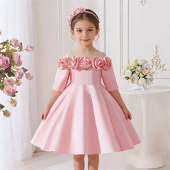 New Girls Pink Knee Length Shoulderless Dress Older Children Shoulder 3D Flower Dress Party Catwalk Evening Dress 8-12Y ASQ03