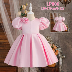 Girls Pink Puff Sleeve Knee Length Dress Kids Dresses for Girls Summer Children Girls Birthday Party Dress 8-12 Years ASQ03