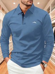 Men's Autumn Collared Polo Shirt Solid-Color Long-Sleeve Polo with Minimalist Chest Print Suitable for Business Casual and Golf