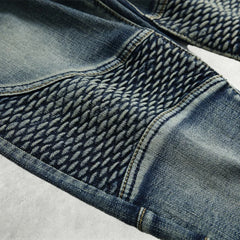 New American high street men's blue washed jeans nostalgic motorcycle pleated riding knee pants casual pants