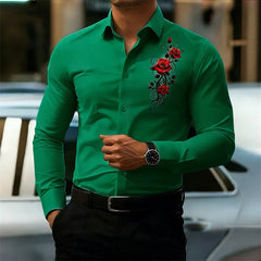Men's Long-Sleeved Shirt, Featuring a Vintage Red Rose Print Design. A Stylish