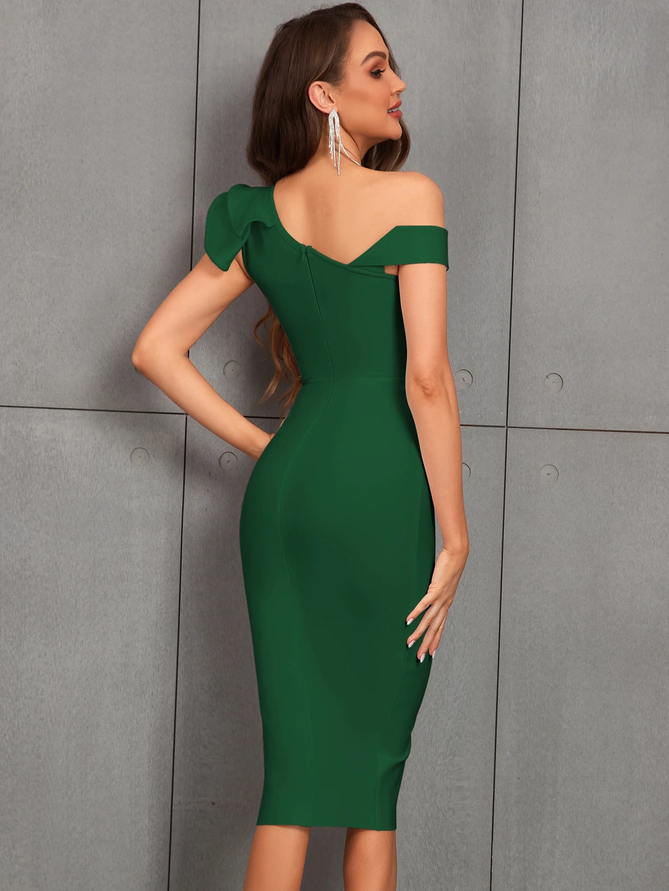 One Shoulder Ruffle Split Thigh Bodycon Midi Elegant Bandage Dress For Coaktail Party