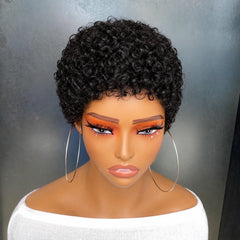 Pixie Cut Jerry Curly Human Hair Wigs Pre-Cut Style Machine Made Wigs 4 Inch Natural Color Short Curly Human Hair Wig For Women