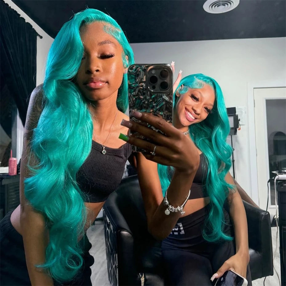 13x6 Teal Ocean Blue Lace Front Wig Human Hair Body Wave 613 Blonde Lace Frontal Wig Preplucked Mint Green Color Human Hair Wigs