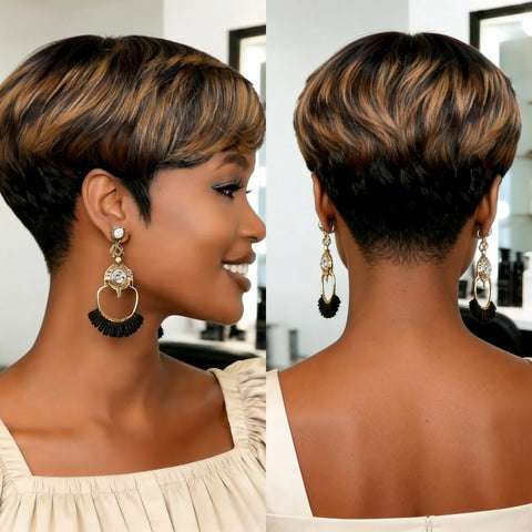 Short Pixie Cut Wig Human Hair For Women Full Machine Made Wigs With Bangs 1BT30 Colored