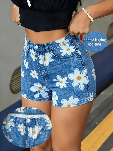 Printed Legging - Not Denim Fabric All-over Faux-Denim Printed 3-Inch Shorts with Faux Pocket and Button Print Details. New-a