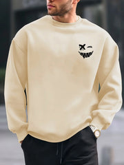 Men's autumn and winter warm casual loose fashionable classic smiling face pattern printed long sleeved round neck sweatshirt