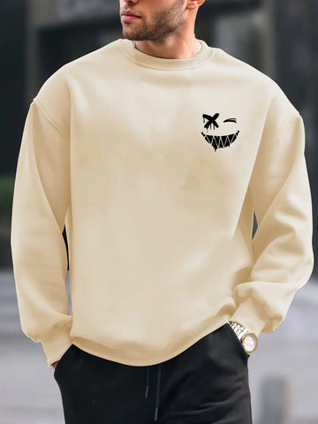 Men's autumn and winter warm casual loose fashionable classic smiling face pattern printed long sleeved round neck sweatshirt