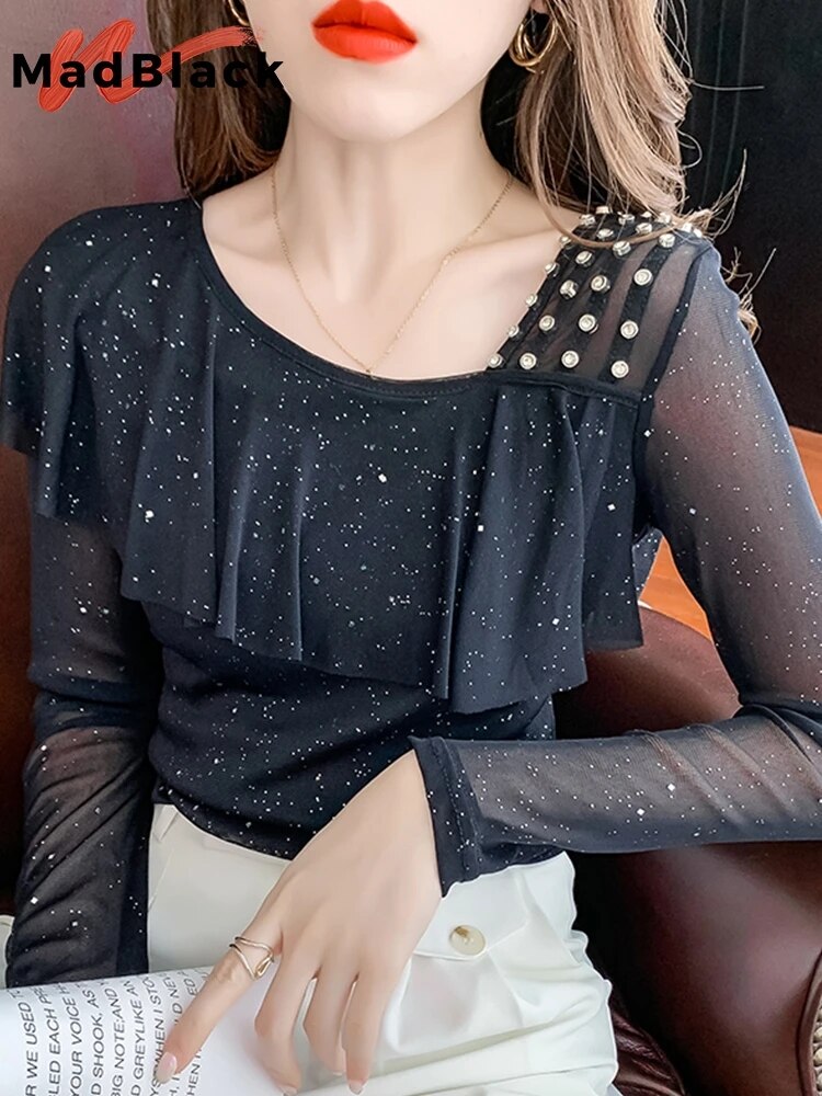 Summer 2022 Mesh T-Shirt Women Handmade Diamonds Ruffles Women Tops Tees Slim Sexy Oblique Collar Short Sleeve New T26201