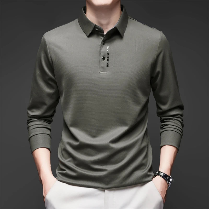 New Men's Business Casual Long Sleeved Shirt with Badge Solid Color Polo Shirt