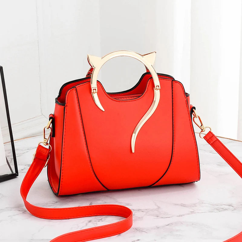 Cat Shaped Handle Women Handbag Trendy And Fashionable, Solid Color, Simple And Casual Crossbody Shoulder Shell Bag