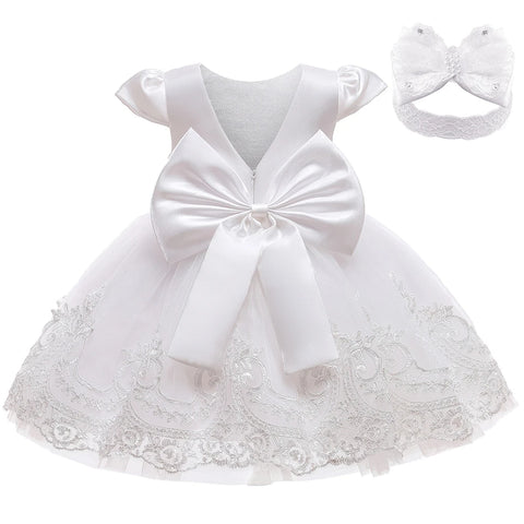 3M-3T Toddler Baby Girls Dresses Pageant Wedding Flower Formal Gowns Embroidered Lace Dress+Headwear 1st Birthday Girls Dress