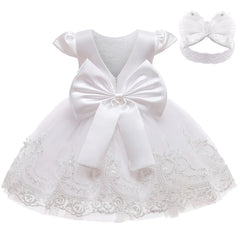 3M-3T Toddler Baby Girls Dresses Pageant Wedding Flower Formal Gowns Embroidered Lace Dress+Headwear 1st Birthday Girls Dress