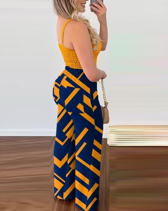 Two Piece Sets Womens Outifits 2023 Summer Fashion Shirred V-Neck Cami Top &amp; Geometric Print High Waist Pocket Design Pants Set