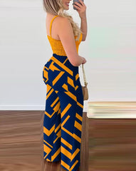 Two Piece Sets Womens Outifits 2023 Summer Fashion Shirred V-Neck Cami Top &amp; Geometric Print High Waist Pocket Design Pants Set