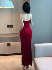 2023 Summer Women's Sexy Temperament ceremonial dress Wrapped Chest backless High Split Velvet Wrapped Hip Red Long