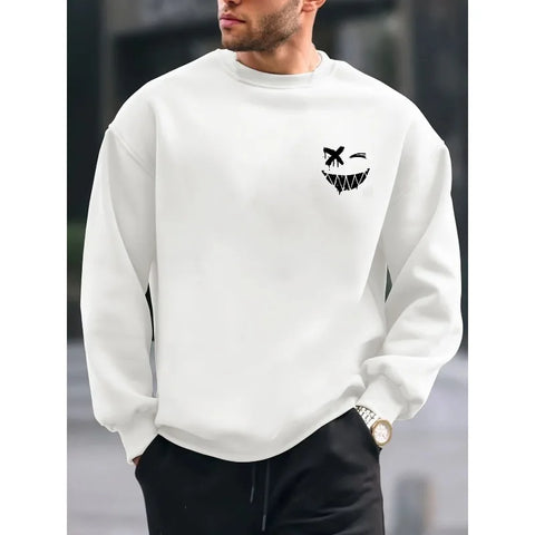 Men's autumn and winter warm casual loose fashionable classic smiling face pattern printed long sleeved round neck sweatshirt