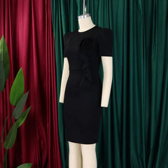 Casual Basic Women's Ruffled 3D Flower Short Sleeve Bodycon Mid Pencil Dress Elegant