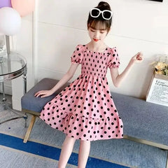 Summer Girls Short Sleeve Dress For Kids Polka Dot Dress Wedding Birthday Party Vestidos 3 6 7 9 12Year Children Casual Clothing
