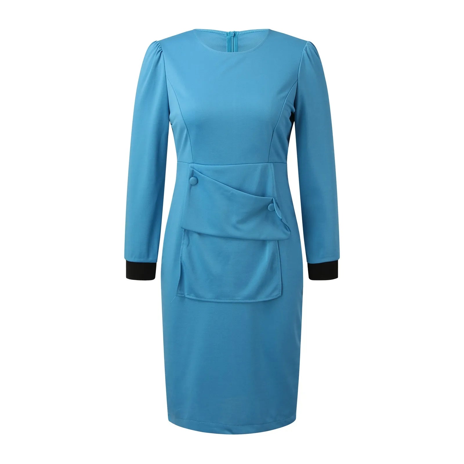 Women'S Elegant Bodycon Suit Dress Oversized Crew Neck Gigot Sleeve Tucked Waist Wrap Hips Dress Autumn Female Work Dresses