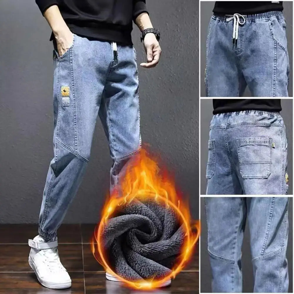 Autumn Winter Blue Cargo Jeans Men streetwear  denim joggers