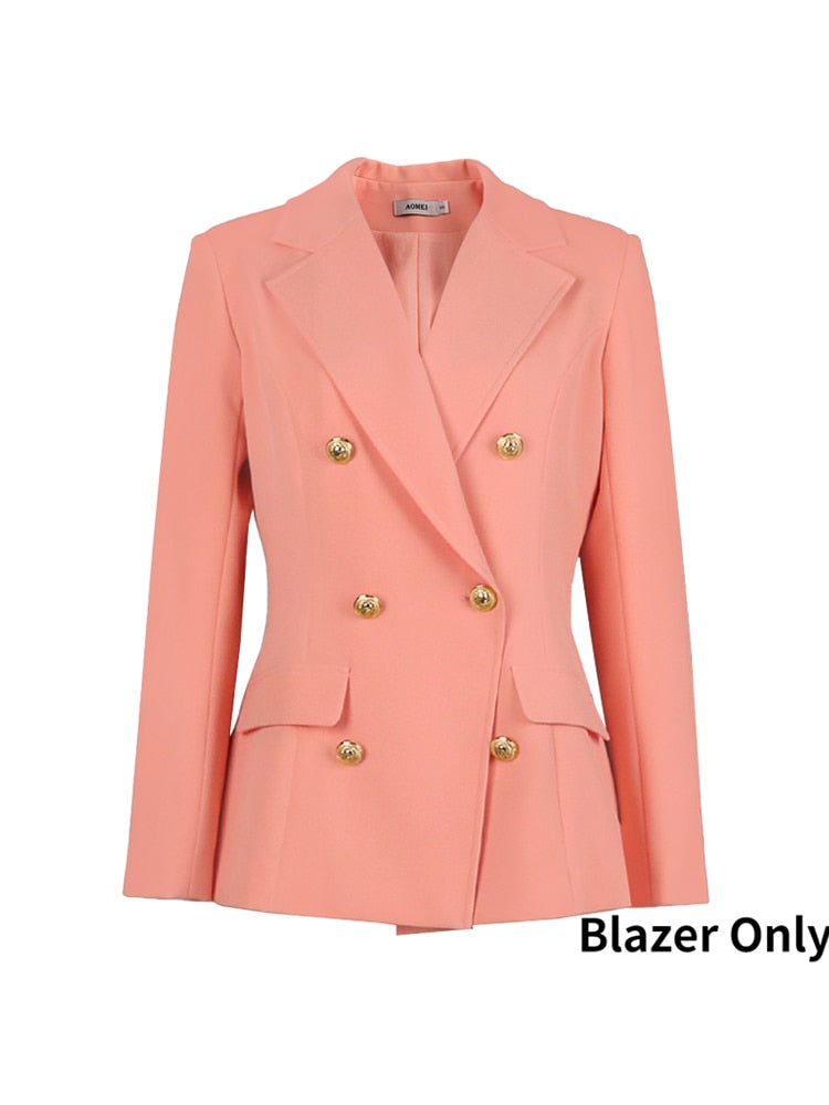 Women White Formal Business Blazer Suit Sets Elagant 6 Buttons Jacket Knee Length Skirts Wide Leg Pants Suits Casual Office Work