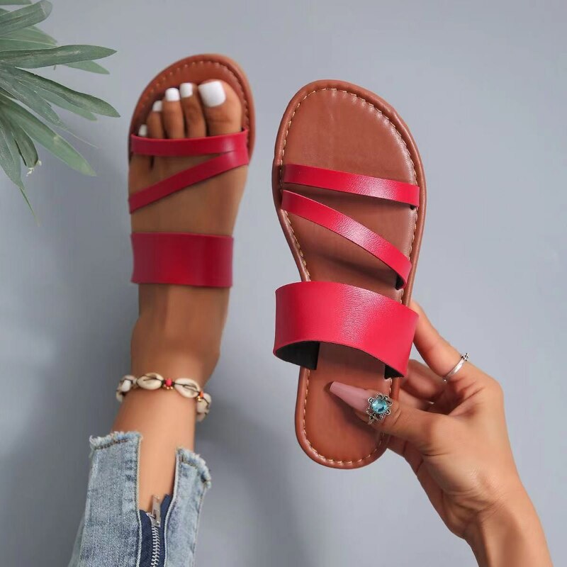 Women&#39;s Slippers Summer Sexy 2023 Leather Open Toe Shoes Outdoor Beach Casual Flat Female Slides Soft Zapatos De Mujer PU1