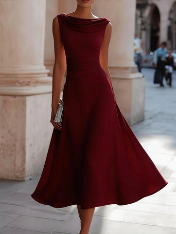 Elegant Sleeveless Cowl Neck Midi Dress with Pleated Waist and Flowing A Line Skirt for Formal Occasions
