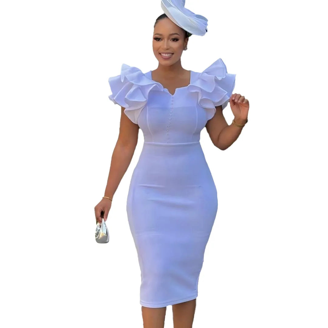 Summer Fashion Women's Nail-Beaded Lotus Sleeve Wrapped Hip Banquet Dress Cascading Style Elegant Evening Gown