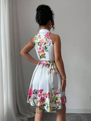 Tropical Print Halter Neck Dress, Vacation Style Backless Dress For Spring & Summer, Women Clothing Women Dress Summer Slimming