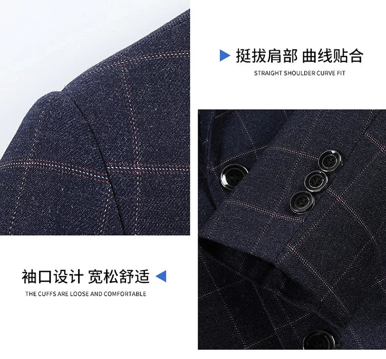 Men's Slim Fit Plaid Blazer Casual Spring Autumn Fashion Polyester Coat Handsome All-Matching Suit for Middle-Aged