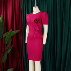 Casual Basic Women's Ruffled 3D Flower Short Sleeve Bodycon Mid Pencil Dress Elegant