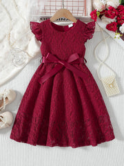 Charming Kids Piano Dress – Lace Solid Color with Belt, Elegant Wedding Performance Dress for Girls 3-10 Years