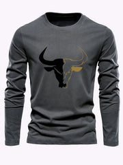 Men's 100% pure cotton loose fit plus size comfortable casual sports bull pattern printed round neck long sleeved T-shirt top