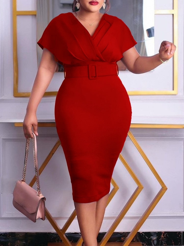 Women Autumn Dress Ladies Casual Big Size Slim Office Dress Retro Elegant V-Neck High Waist Printed Short Sleeve Party Dress