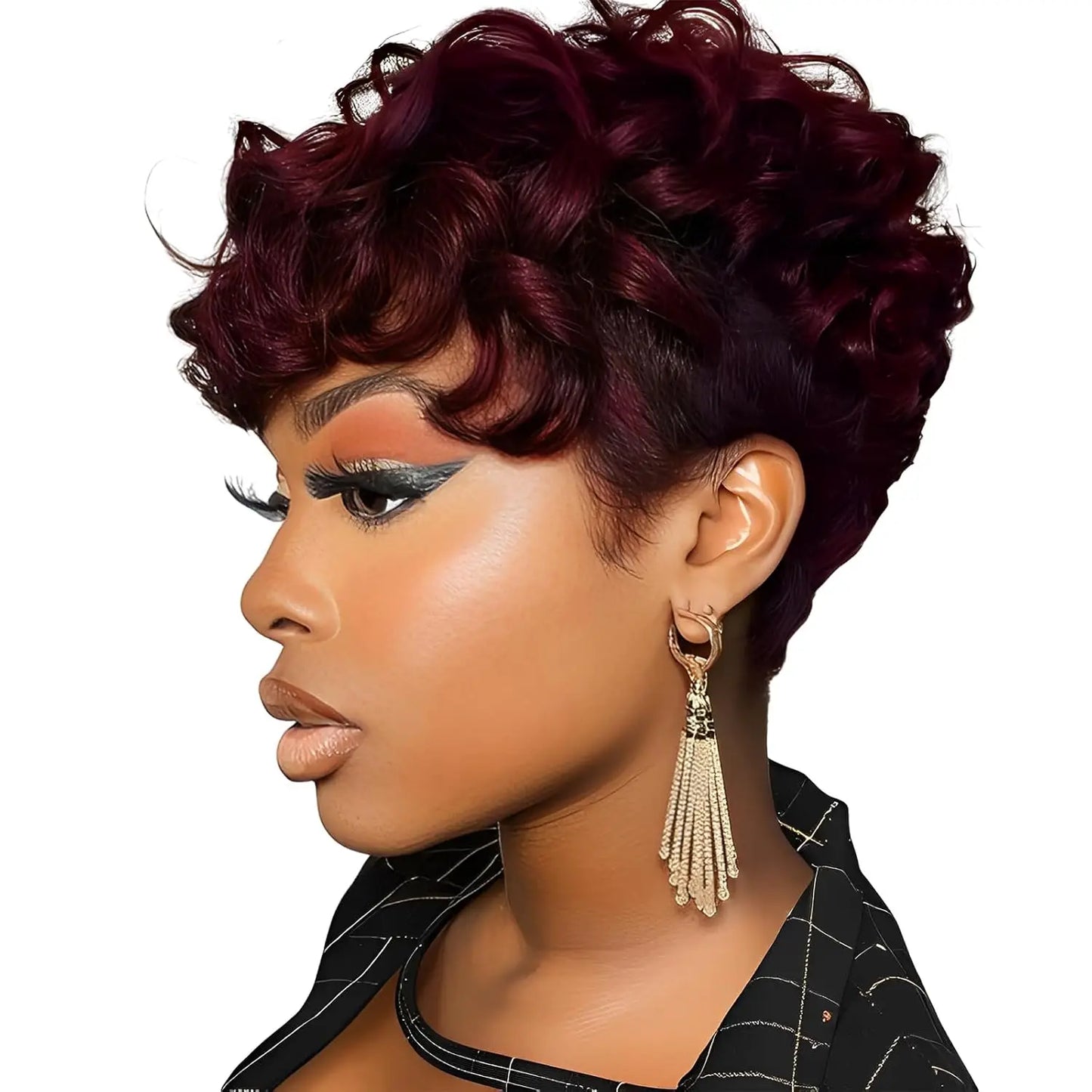 Black women's short elf wig with bangs, layered style, curly synthetic short hair wig, women's short curly wig