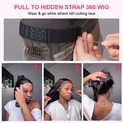 Invisi-Strap 360 Lace Frontal Body Wave Human Hair Glueless Wigs With Drawstring Plucked & Bleached 220% Density For Women