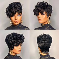 Pixie Cut Human Hair Wig 6" Layered Short Loose Curly With Bangs Remy Brazilian Hair Rose Net Cap Full Machine Made Wigs