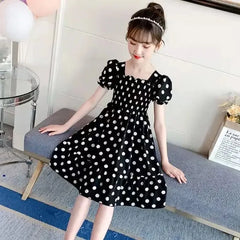 Summer Girls Short Sleeve Dress For Kids Polka Dot Dress Wedding Birthday Party Vestidos 3 6 7 9 12Year Children Casual Clothing
