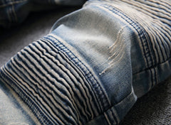 Trendy Brand Motorcycle Men's Jeans Unique Ripped Slim Fit Streetwear High Elasticity Smooth Slimming Effect Casual Denim
