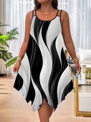 Plus-size women's fashion asymmetrical geometric stripes printed double strap dress