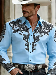 Men's Western Cowboy Style Fashion Print Long-Sleeve Shirt, Retro Lapel Slim Fit, Outdoor Casual Shirt, Sizes XS-6XL, 21 Colors