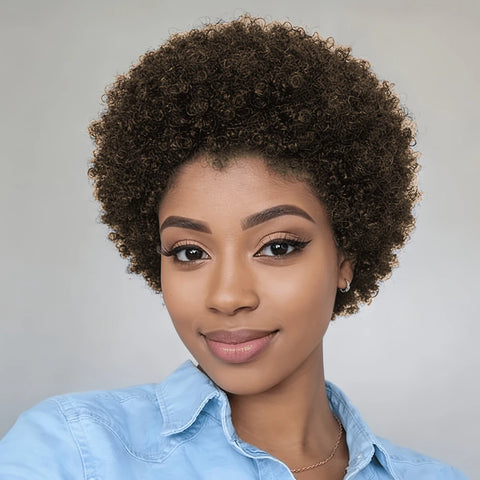 Afro Kinky Curly Wave Wig 150% Density 6Inch Pixie Cut Afro Kinky Curly Human Hair Wig for Women Full Machine Made Wig