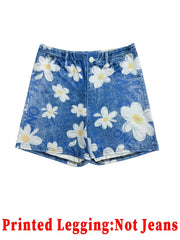 Printed Legging - Not Denim Fabric All-over Faux-Denim Printed 3-Inch Shorts with Faux Pocket and Button Print Details. New-a